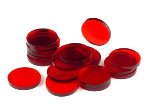 Kształty akrylowe - transparentne, czerwone, 20 sztuk, koła, 25x3 mm