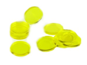 Kształty akrylowe - transparentne, żółte, 10 sztuk, koła, 22x3 mm