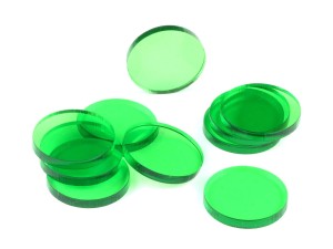 Kształty akrylowe - transparentne, zielone, 10 sztuk, koła, 22x3 mm