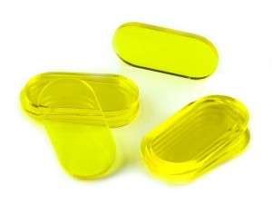 Podstawki pod figurki, 10 sztuk, kształt pigułki, transparentne-żółte, 25x50x3 mm