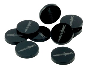 Żetony okrągłe z grafiką miecza 10 sztuk, czarne, 22 mm