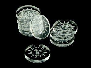 Żetony okrągłe z grafiką słońca, 10 sztuk, przezroczyste, 22 mm