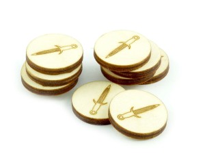 Żetony okrągłe z grafiką miecza,10 sztuk, drewniane, 22 mm
