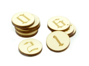 Żetony okrągłe z grafiką cyfry, 10 sztuk, drewniane, 22 mm